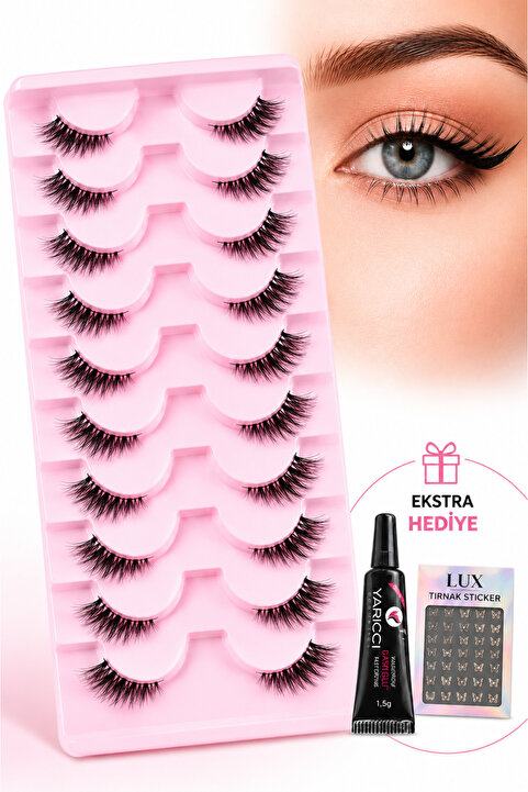 alaraycosmetics 10 Çift Doğal Kedi Göz Takma Ipek Kirpik 3-5-9mm,Hafif Ve doğal,çapraz Stiller+YAPIŞTIRICI HEDIYE