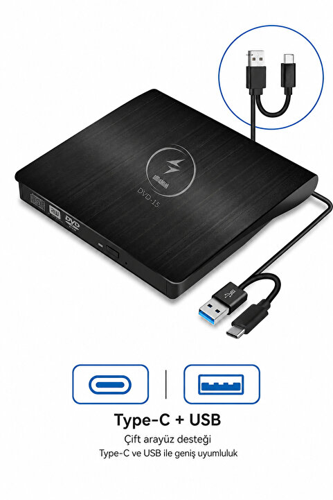 alfalink Harici Dvd Rw External Taşınabilir Ultra Ince USB+Type-C 3.0 Cd/dvd Optik Okuyucu