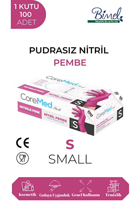 COREMED Nitril Pembe Pudrasız Muayene Eldiveni S - 1 Paket 100 lü