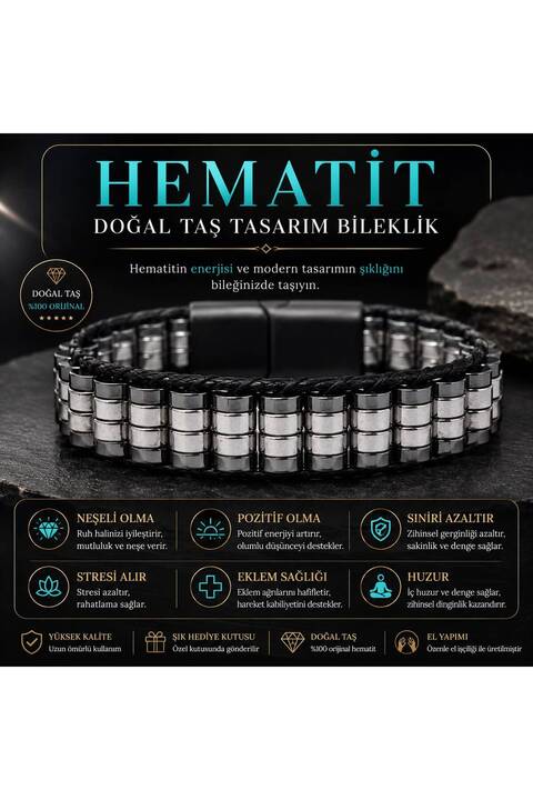 YILDIZ DOĞAL TAŞ Sertifikalı Hematit Doğal Taş Tasarım Erkek Bileklik