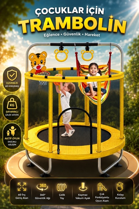 DEMPOWER 152x170 cm Güvenlik Fileli Çocuk Trambolin Seti-Hamak, Basket Seti, Boks Torbası, Eldiven, Tutuş İpi