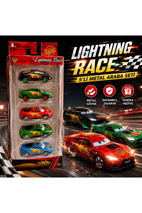 RACER 5'li Set Lightning Race Metal Gövdeli Araba Seti – Die Cast - 1:64 Ölçek - Spor Araba Koleksiyonu - Kutulu