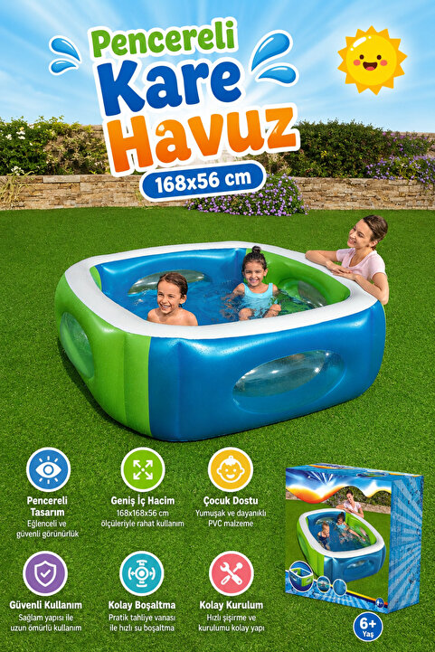 craftivio Şeffaf Pencereli Kare Şişme Çocuk Havuzu 168x168x56 cm Mavi Yeşil