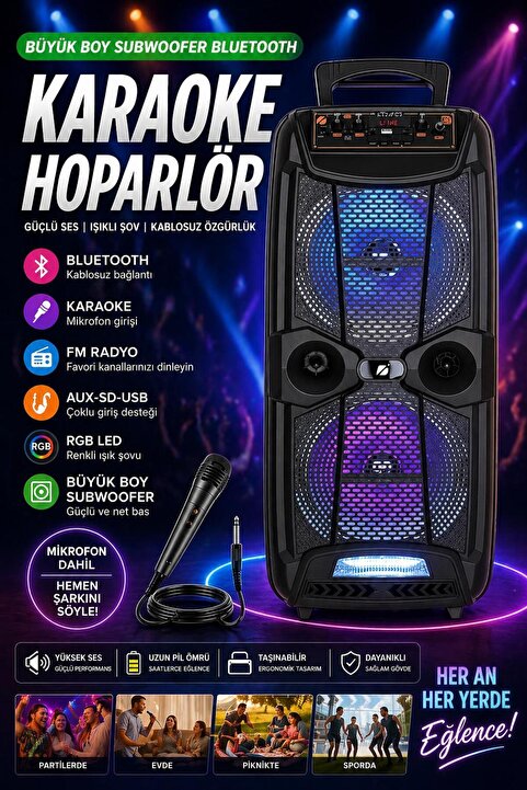 nextbuy Büyük Boy Karaoke Speaker Mikrofonlu Bluetooth Hoparlör Extra Bass-Tweeter Subwoofer Ses Bombası