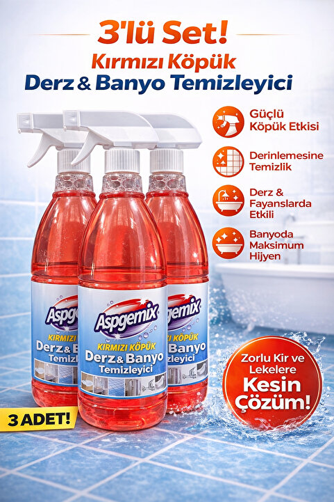 aspgemix Kırmızı Köpük Derz Banyo Fayans arası Temizleyici 1 Lt. X 3 Ad– Küf, Sararma ve Kireç Karşıtı Güçlü