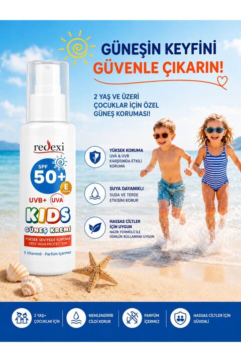 Redexi Kids SPF 50+ Çocuk Güneş Kremi UVA UVB Koruma Suya Dayanıklı Hassas Ciltler İçin 100 ml