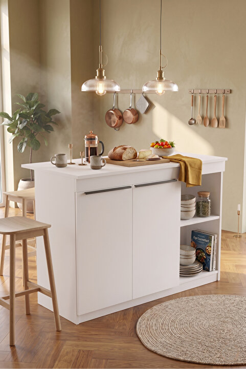 Yurudesign Orren Ada Mutfak Yemek Masası 2 Kapaklı 120cm Beyaz OR2-W