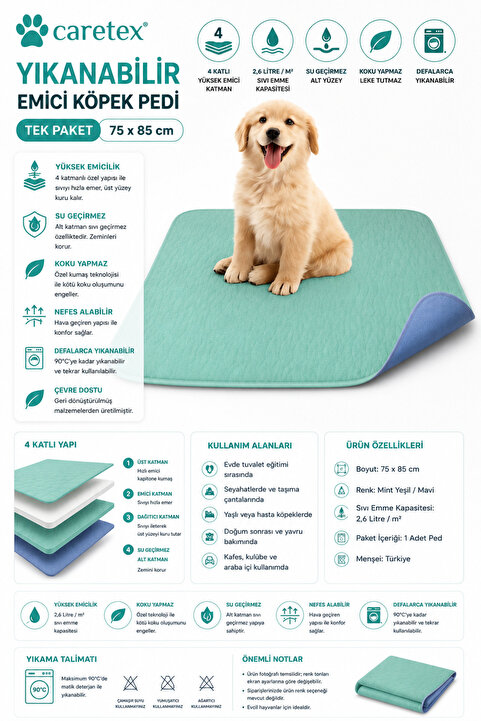 Careshop Abso Yıkanabilir Kedi Köpek Tuvalet Eğitim Pedi 75x85 cm | Emici Su Geçirmez Çişi Eğitim Altı Pedi