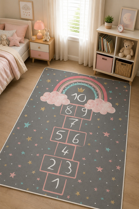 PINKIE HOME K Dijital Baskı Kaymaz Taban Makinede Yıkanabilir Gri Gökkuşağı Seksek Desenli Çocuk Odası Halısı-3