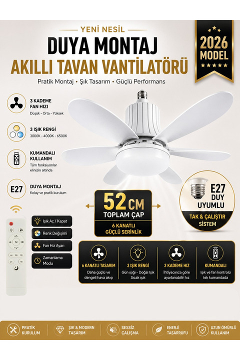 Kılıforyum Tavan Vantilatör Kumandalı Sessiz 6 Kanatlı Işıklı E27 Duy Modern Led Aydınlatma Yeni Nesil