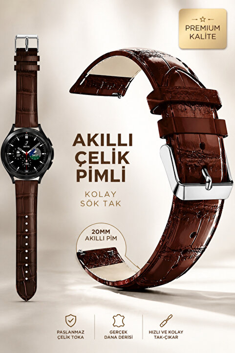 onlinekordon 20mm Kahverengi Krokodil Desenli Antialerjik Deri Saat Kordonu Kayışı Akıllı Pimli Kolay Sök Tak