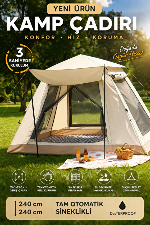 MO DOU Tam Otomatik Kamp Çadırı 240x240 cm 3 Saniyede Kurulum Su Geçirmez Sineklikli Geniş Çadır Outdoor