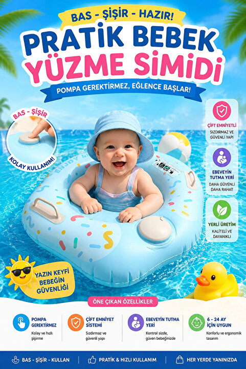 BigsToy Bebek Yüzme Simidi Bas Şişir Pratik Ebeveyn Tutma Yerli Çift Emniyetli Mavi Simit