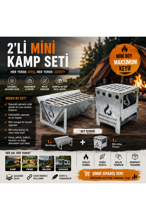 FASMART Mini Kamp Seti 2’li – Taşınabilir Mangal & Ateş Kutusu Katlanabilir Outdoor Set