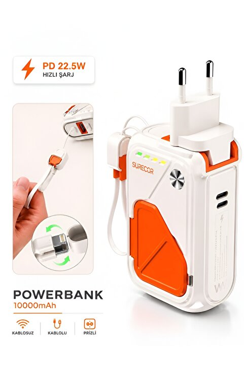 DEANB 5in1 10000mAh Powerbank PD 22.5W Hızlı Şarj Kablosuz Kablolu Standlı Çoklu Fişli Taşınabilir Şarj