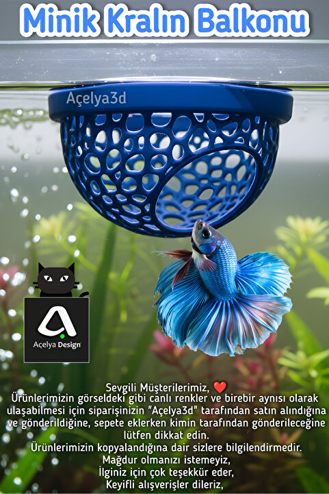 açelya3d Beta Balığı Betta Dinlenme Alanı & Üretim Yuvası – Halfmoon Köpük Yuva Destekli (Mavi Renk)