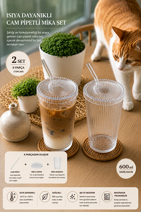 KÜÇÜK EW MİKA 2 Adet 600 Ml Mika Kapaklı Pipetli Origami Stil Mika Bardak | Sunum Bardağı Meşrubat Bardağı