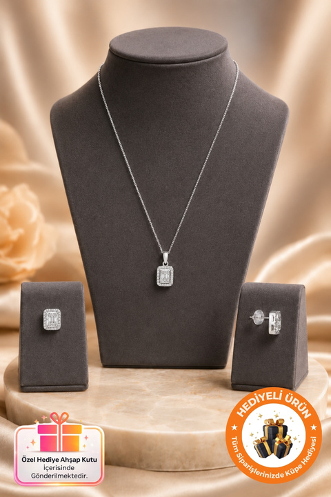 Lucente Jewellery 925 Ayar Baget Taşlı Kolye & Küpe Seti Gümüş Kaplama Hediyelik Özel Tasarım Baget Taş 2'li Takım Set