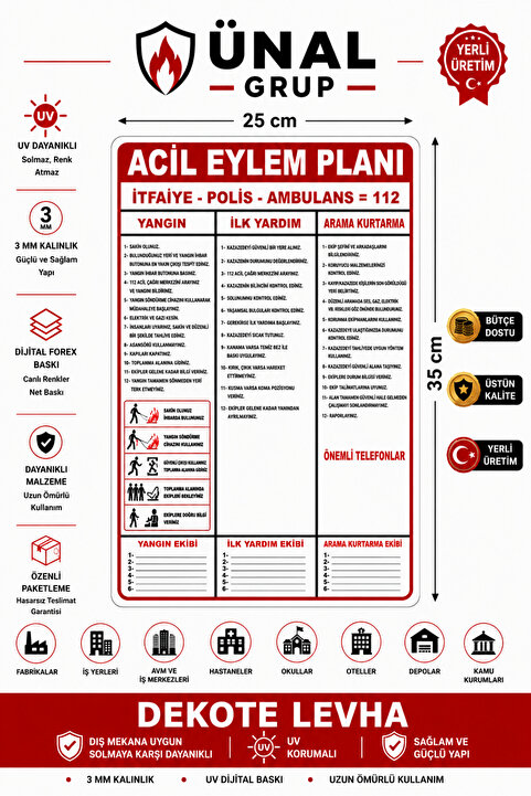 ünalgrup Acil Eylem Planı Levhası 35x25 cm Kolay Montaj İş Yeri Apartman Uyumlu PVC İkaz Tabelası