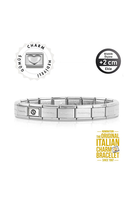 NOMİNATİON Orijinal İtalyan Charm Bileklik Kişiselleştirilebilir Çelik -Gümüş Kalp Charm Hediyeli Made in Italy