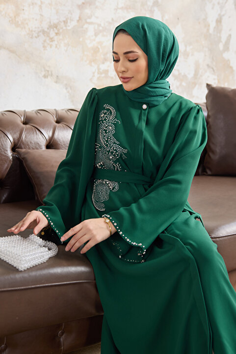 VAVİNOR Lora Taşlı Abaya - Zümrüt