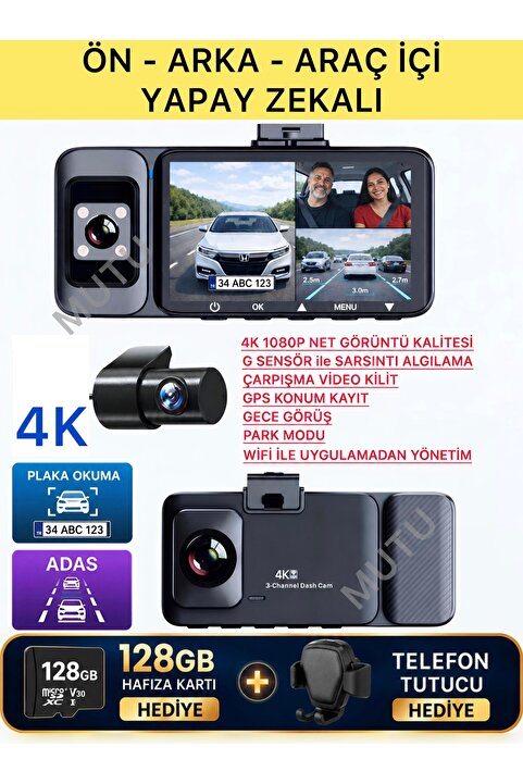 MUTU K02 PROMAX 4K 1080P Full HD 3 Kameralı GPS G Sensör Wifi Gece Görüş Ön Arka İç Araç İçi Dışı Kamera