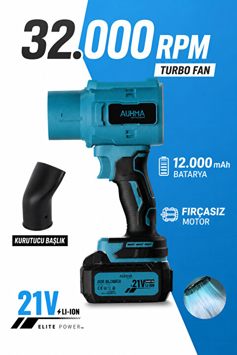 EXENAR AUHMA AHV-18 Şarjlı Turbo Fan Hava Üfleyici 21V Kömürsüz Motor (Brushless) - 32.000 RPM 12000mAh Güç