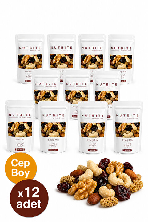 NUTBITE 12'li Cep Boy Enerji Mix - (Çiğ Karışık Kuruyemiş) - Sağlıklı Atıştırmalık - 12x40gr