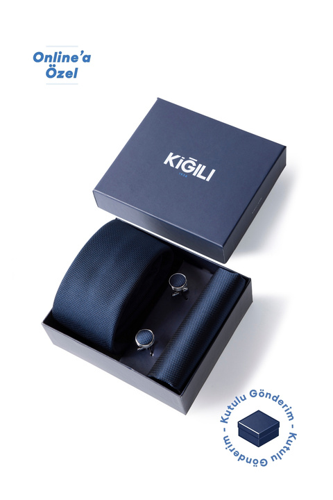 Kiğılı 3'lü Desenli Kravat & Mendil & Kol Düğmesi Hediye Kutulu Set