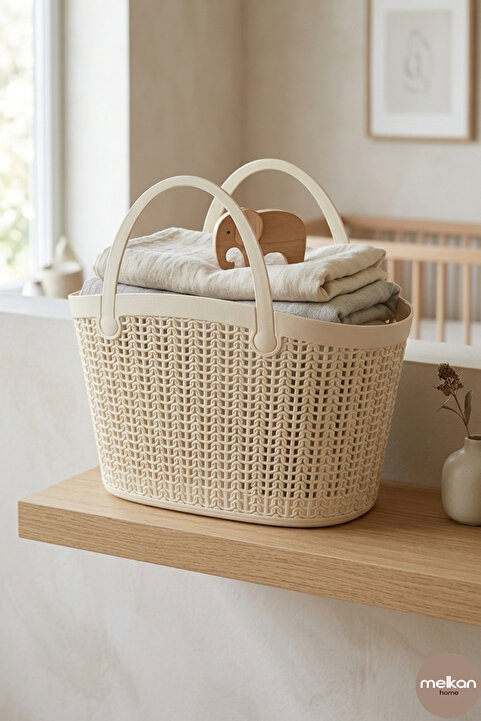 Melkan Home Örgü Desen Plaj Çanta, Çocuk Plaj Çantası 5,2 Litre Krem 29,5x16x31,5 cm