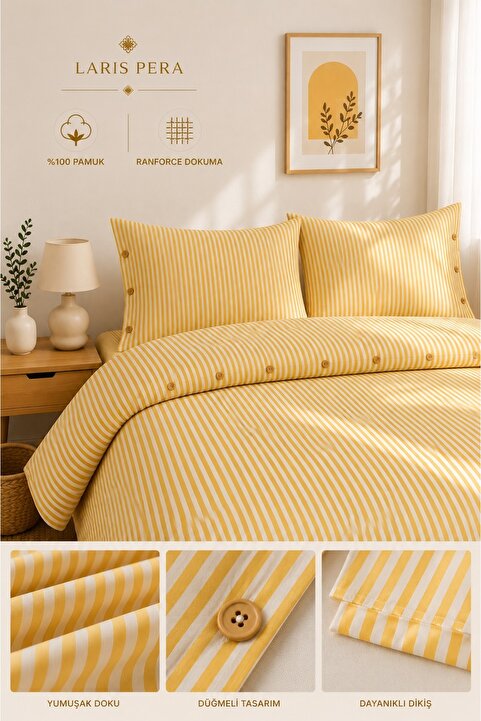 Larispera Battal Boy %100 Pamuk Ranforce Çizgili Nevresim Takımı 200x220 cm Düğmeli Sarı