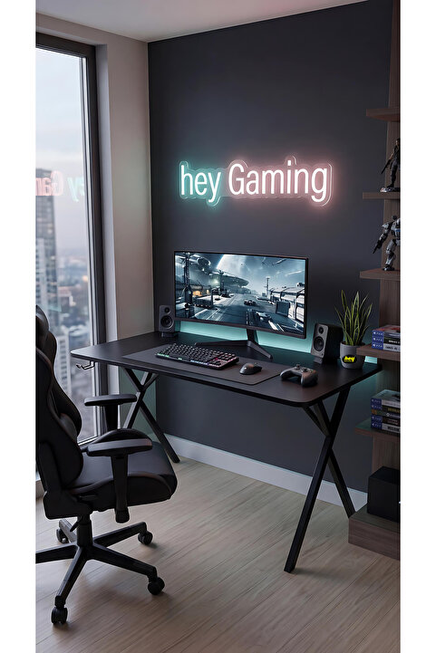 hey modüler mobilya 120 cm Gaming Profesyonel Oyuncu Masası Siyah Tabla, Siyah Metal Ayaklı Hey Gaming