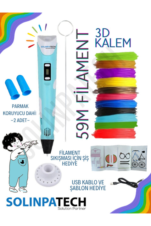 SolinpaTech Mavi̇ 3d Kalem 3d Pen Yazıcı Kalem | Çok Renkli (toplam 59 Metre) Filament Usb Kablo