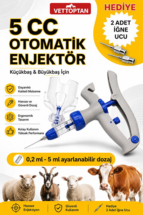 vettoptan Otomatik Enjektör 5 Cc Küçükbaş Büyükbaş Hayvan Aşı Tabancası Enjektörü Koyun Keçi Oğlak