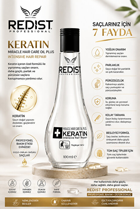 Redist Keratin Saç Bakım Yağı Cam şişe 100 ml – Doğal Onarıcı Formül ile Parlak, Güçlü ve Sağlıklı Saçlar