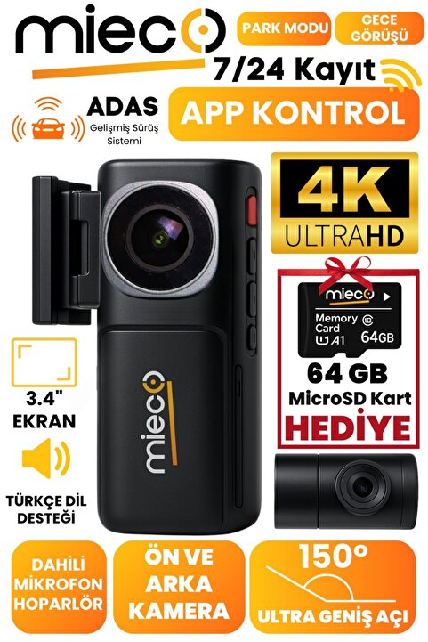 Mieco A7 4K UHD/ Wifi / ADAS /150° Ultra Geniş Açı/ Ön + Arka Araç Kamerası + Hafıza Kartı Hediyeli