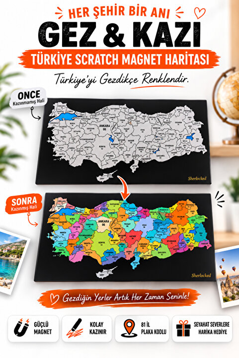 Sherlocked Gez Kazı Magnet Türkiye Haritası 10x15 cm | Kolay Kazınabilir Scratch Map | Buzdolabı Magneti | Seyahat Hediyesi | Harita | Travel