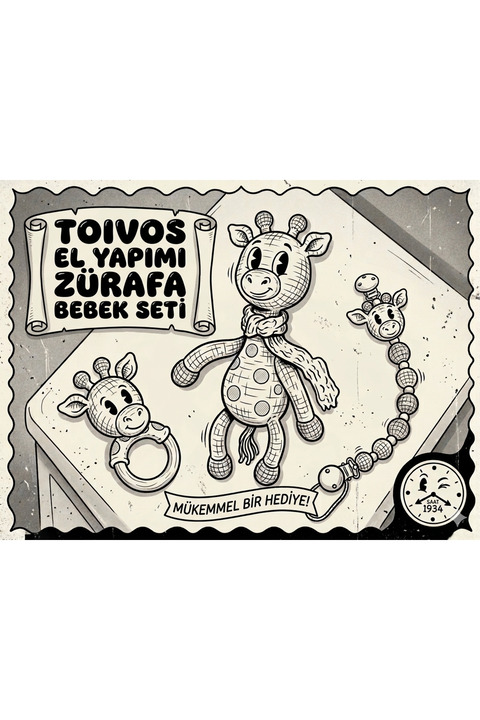 TOIVOS El Yapımı Amigurumi Zürafa Bebek Seti | Örgü Oyuncak + Emzik Klipsi + Diş Kaşıyıcı