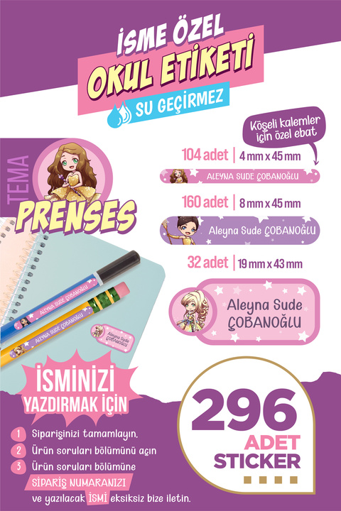 colortouch 296 ADET Prenses Temalı Okul Etiketi Kalem Etiketi Kişiye Özel İsim Yazılabilen Etiket