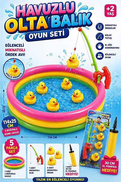 Fidan oyuncak Havuzlu Mıknatıslı Olta Balık Ördek Avı Oyun Seti - 114cm Şişme Havuz + Pompa + 4 Ördek + Olta