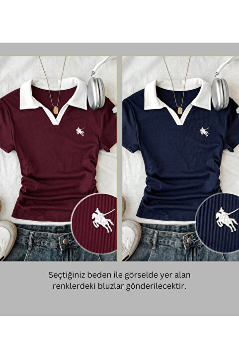 Gofeel Soul Renkli Polo Yaka Nakışlı Büzgülü Bluz