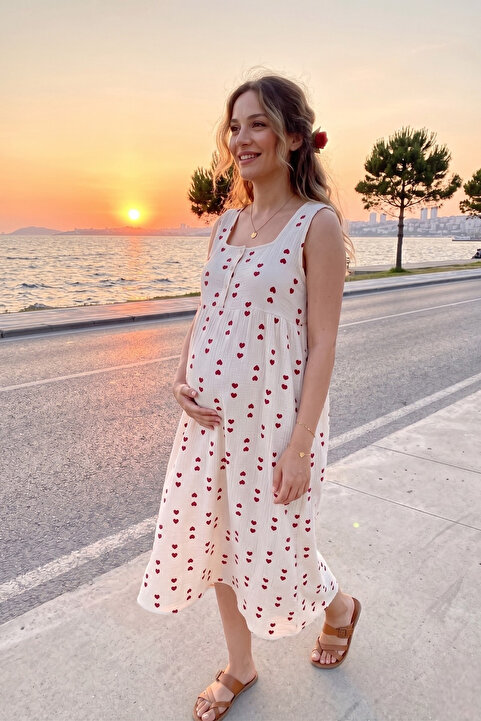 Miss Dünya Lissa Kare Yaka Düğmeli Sıfır Kol Hamile ve Lohusa Dokuma Elbise