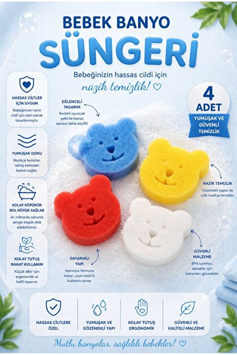MorBebe 4'lü Ultra Lüx Bebek Banyo Süngeri Ve Cocuk Banyo Lifi Ve Sungeri, Bebek Yikama Sungeri