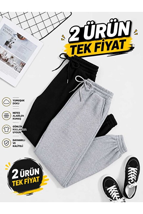 Verivay Ikili Jogger Eşofman Altı-siyah Ve Gri Lastik Paça Yüksek Bel Eşofman
