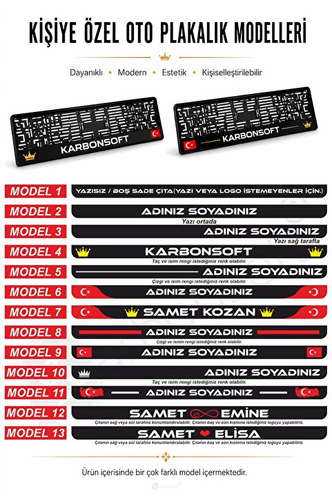karbonsoft Kişiye Özel Isimli 2 Adet Araç Logo Kabartmalı Siyah Oto Plakalık