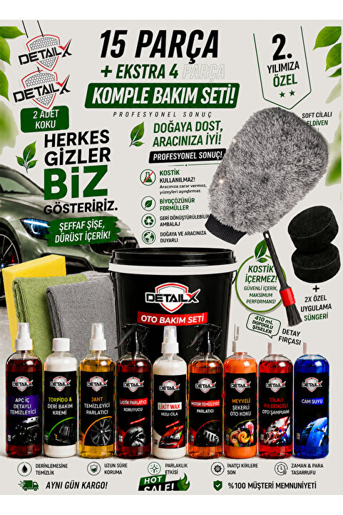 DetailX Oto Yıkama Ve Bakım Seti 15 Parça Lastik Torpido Full Temizlik Seti Premium Detay Fırçası Dahil