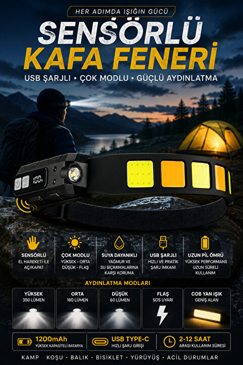 Janva Predators Kafa Feneri Wave Teknoloıji Sensörlü Kafa Lambası Tepe Işığı Ultra Ergonomik Profosyonel