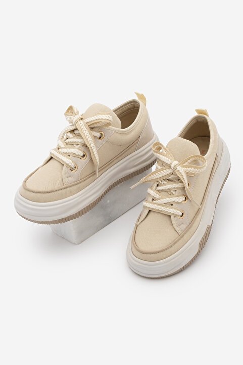 Marjin Kadın Yüksek Taban Sneaker Keten Kumaş Bağcıklı Spor Ayakkabı Hesna Bej