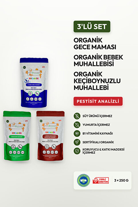 Soul Kitchen Organik Ürünler Organik Bebek Gece Maması, Bebek Muhallebisi, Keçiboynuzlu Muhallebi Tahıl Bazlı 3x250 g
