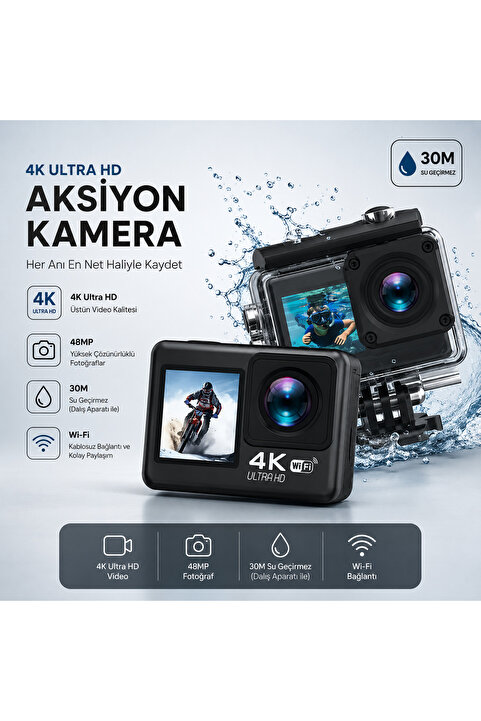 TARÇIN 4K Ultra HD WiFi Aksiyon Kamera | 20MP | 20 Parça Aksesuar | 170° Geniş Açı | Su Geçirmez Kılıf